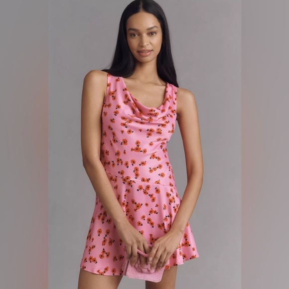 Anthropologie Dresses & Skirts - NEW! By Anthropologie Cowl-Neck Satin Mini Dress Pink Floral  🦉